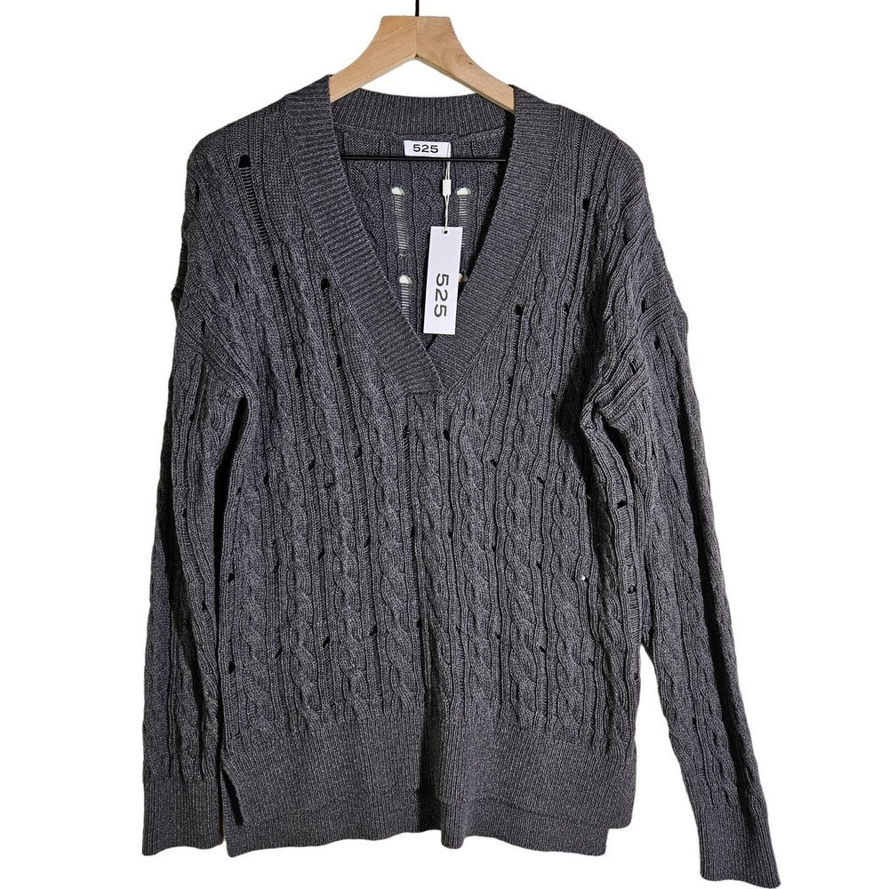 NEW 525 America Boyfriend Distressed Ladder Knit V-Neck Sweater M? Grey NWT